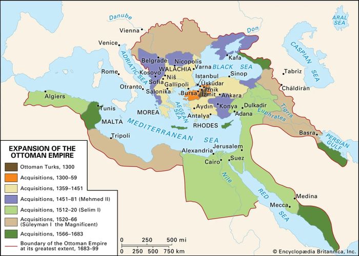 Kekaisaran Ottoman mengendalikan sebagian besar Eropa Tenggara, Asia Barat (Kaukasus) hingga sebagian Afrika.