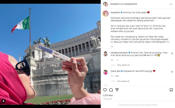 Unggahan Instagam Sheza Idris. 