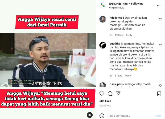 Ngaku tak menafkahi Dewi Perssik, Angga Wijaya terkuak, mantan suami Dewi Perssik nyerah kepada alam semesta 