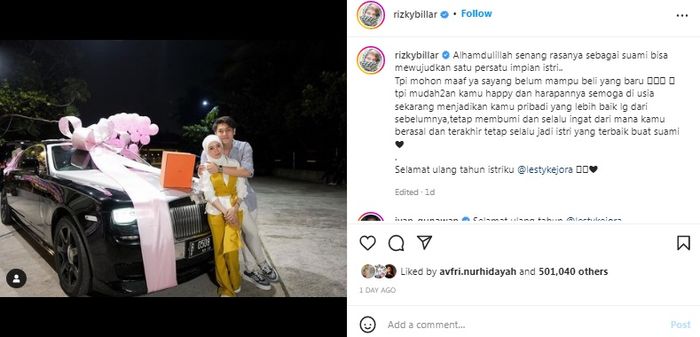 Rizky Billar pamerkan hadiah mobil yang diberikannya untuk Lesty Kejora 