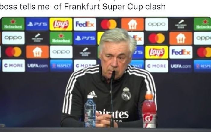 Pelatih Real Madrid, Carlo Ancelotti, berbicara dalam konferensi pers jelang laga Piala Super Eropa kontra Eintracht Frankfurt.