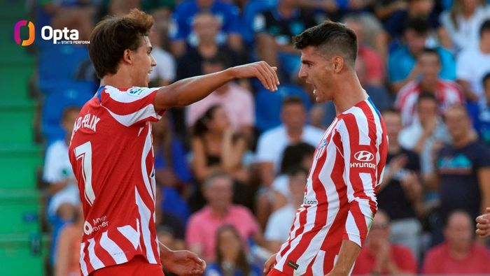 Alvaro Morata dan Joao Felix merayakan gol Atletico Madrid ke gawang Getafe pada pekan perdana Liga Spanyol 2022-2023 di Stadion Alfonso Perez, Senin (15/8/2022).