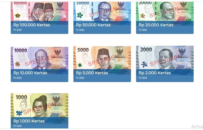 Potret uang baru tahun emisi 2022, pecahan terbesar hingga terkecil.