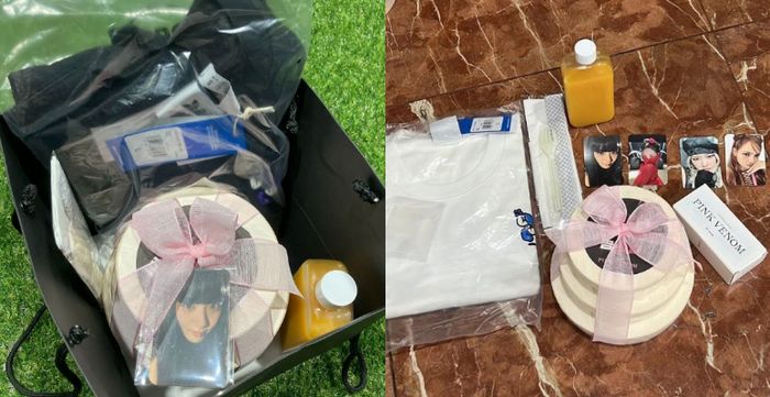 Kolase foto isi paket hadiah yang diberikan BLACKPINK untuk penggemar.