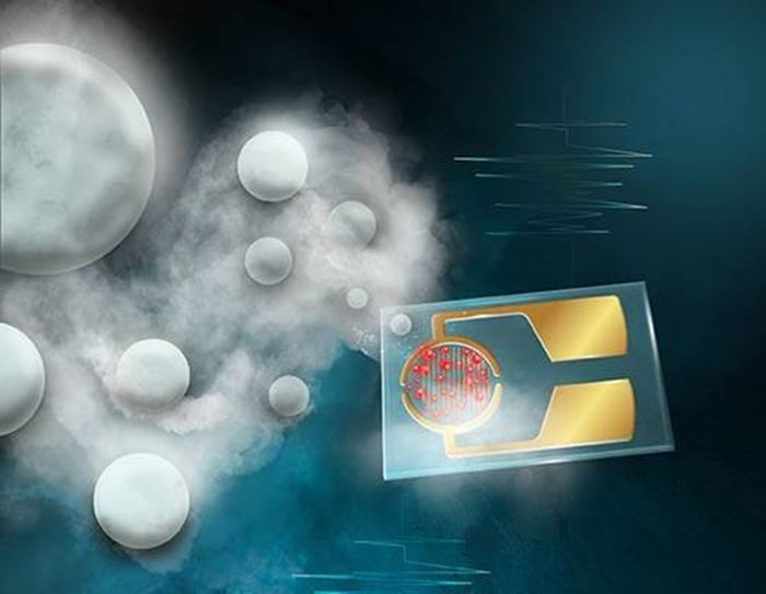 Dalam ilustrasi ini, sensor yang mengandung titik karbon merah mendeteksi nanoplastik di udara, yang diwakili oleh bola mengambang.