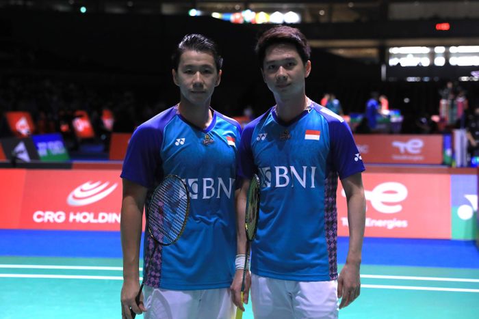 Pasangan ganda putra Indonesia, Marcus Fernaldi Gideon/Kevin Sanjaya Sukamuljo, pada babak kedua Kejuaraan Dunia 2022 di Tokyo Metropolitan Gymnasium, Rabu (24/8/2022).