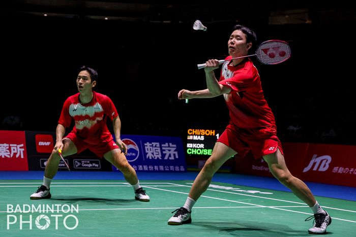 Pasangan Korea Selatan, Choi Sol-gyu/Seo Seung-jae saat menjalani laga perempat final Kejuaraan Dunia 2022, Jumat (26/8/2022)