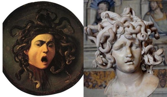 Athena menghukum Medusa. Rambutnya diubah menjadi ular, Medusa juga memiliki kekuatan mengerikan.