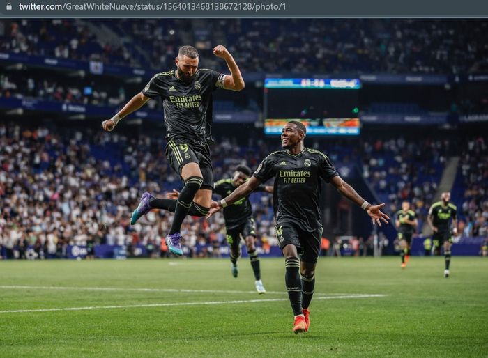 Karim Benzema mencetak dua gol dalam kemenangan 3-1 Real Madrid atas Espanyol pada pekan ketiga Liga Spanyol 2022-2023, Minggu (28/8/2022) atau Senin dini hari WIB.