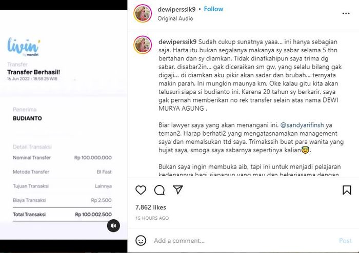 Unggahan Dewi Perssik yang menuding Angga Wijaya gelapkan honornya 