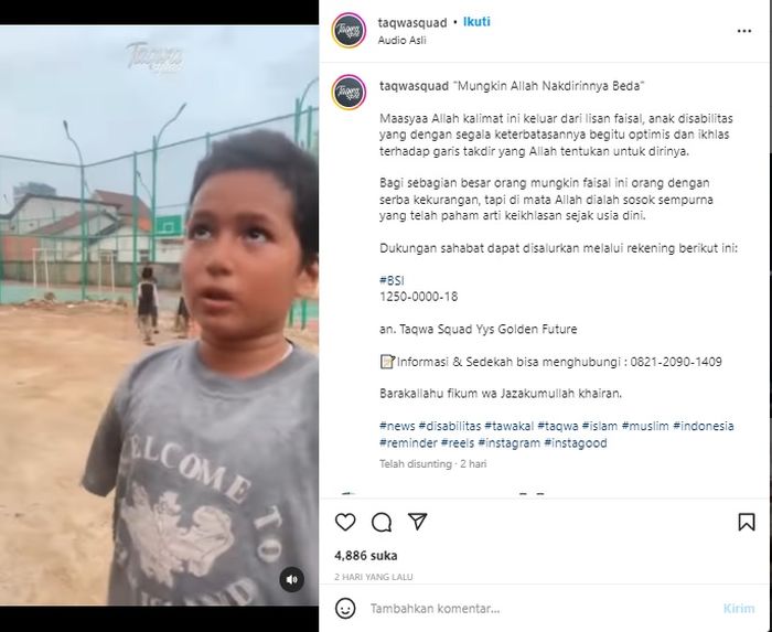 Video mengenai Faisal anak difabel yang hanya memiliki satu kaki.
