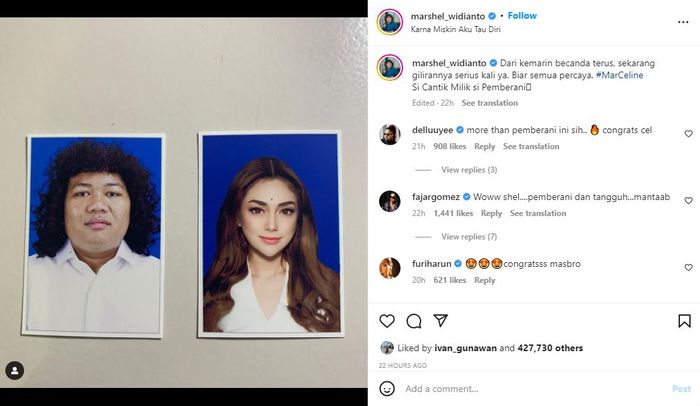 Unggahan Marshel Widianto yang disinyalir menjadi tanda bahwa dirinya dan Celine Evangelista akan segera menikah 