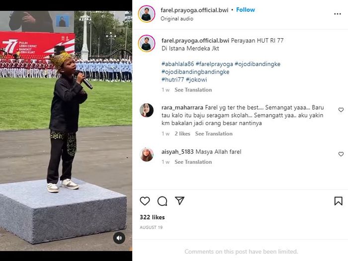 Momen saat Farel Prayoga nyanyi di Istana Negara pada peringatan HUT RI ke-77