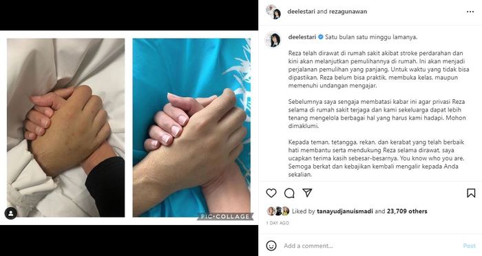Unggahan Dee Lestari terkait kondisi suaminya.