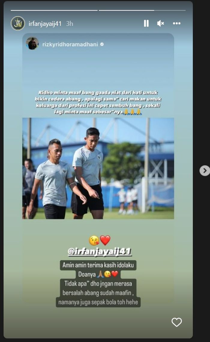 Tangkapan layar instagram story Irfan Jaya yang membalas permintaan maaf Rizky Ridho.