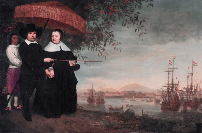 Lukisan karya Aelbert Cuyp dilukis sekitar 1640 dan 1660. Tampak seorang komandan armada VOC, mungkin Jakob Martensen, dan istrinya. Mereka berdiri di atas bukit dengan pemandangan pelabuhan Batavia dengan latar belakang Kastel Batavia. Seorang budak membawa payung mewah demi melindungi pasangan itu