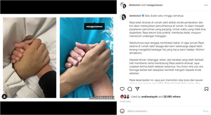 Unggahan Dewi Lestari sebelum suami Dee Lestari meninggal dunia. 