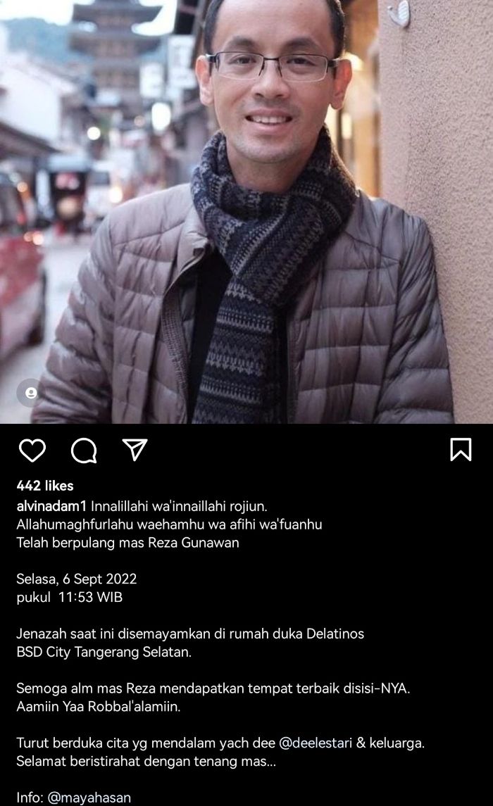 Reza Gunawan, suami Dewi Lestari meninggal dunia hari ini, Selasa (6/9/2022) setelah menderita stroke pendarahan.