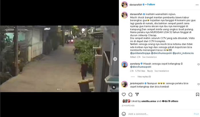 Unggahan Dara Arafah saat kehilangan brankas di rumahnya. 