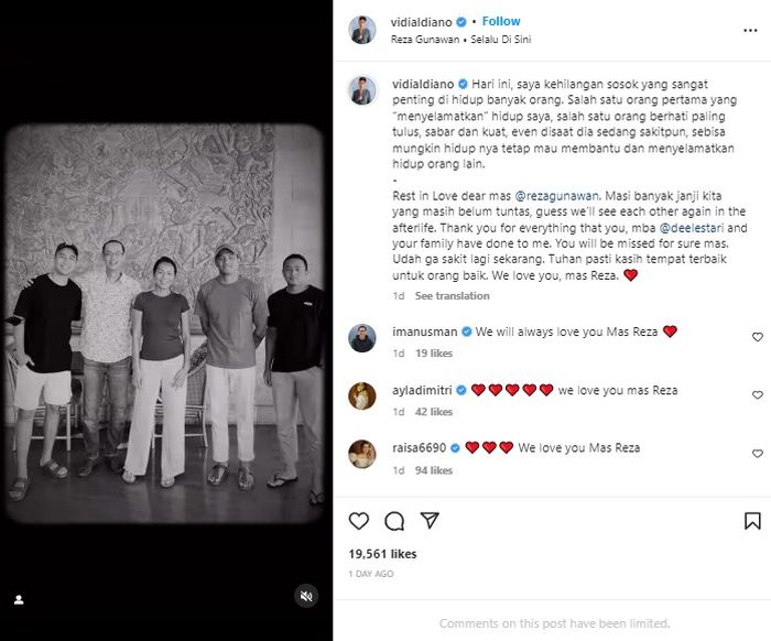 Unggahan Instagram Vidi Aldiano. 