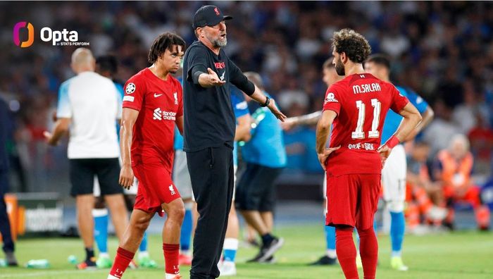 Juergen Klopp menunjukkan raut kekecawaannya kepada Mohamed Salah setelah Liverpool kalah telak 1-4 dari Napoli pada laga pembuka Liga Champions 2022-2023 di Stadion Diego Armando Maradona, Rabu (7/9/2022).