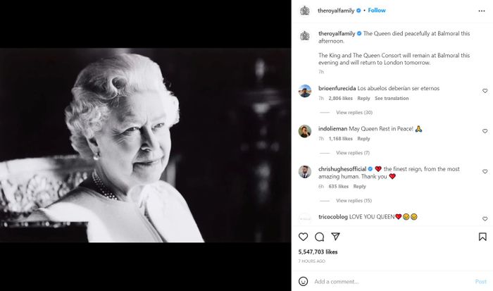 Unggahan akun Instagram @theroyalfamily soal kabar Ratu Elizabeth II meninggal dunia.