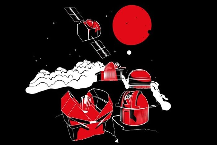 Ilustrasi yang menunjukkan bintang merah dan dua planetnya, bersama dengan beberapa teleskop yang digunakan untuk penemuan itu. Data yang mengarah pada penemuan itu digambarkan pada panel surya satelit TESS.