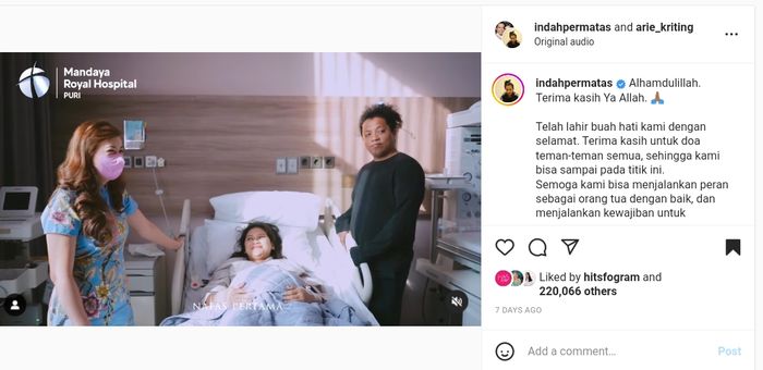 Kelahiran anak Indah Permatasari dan Arie Kriting