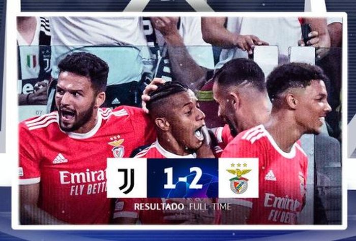 Para pemain Benfica merayakan gol David Neres ke gawang Juventus dalam laga kedua Grup H Liga Champions di Stadion Allianz, Rabu (14/9/2022).