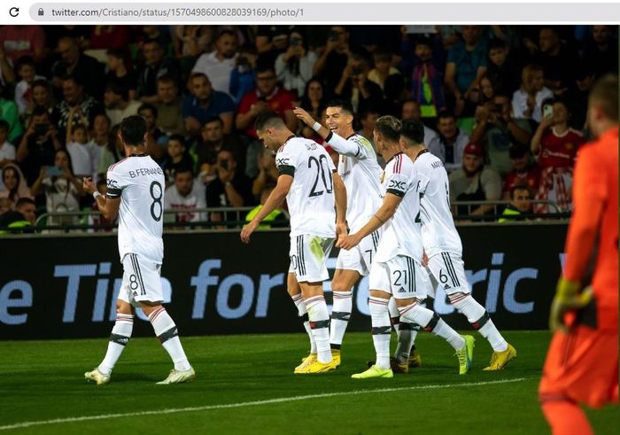 Striker Manchester United, Cristiano Ronaldo, merayakan gol ke gawang Sheriff dalam laga Grup E Liga Europa di Stadion Zimbru, Kamis (15/9/2022).