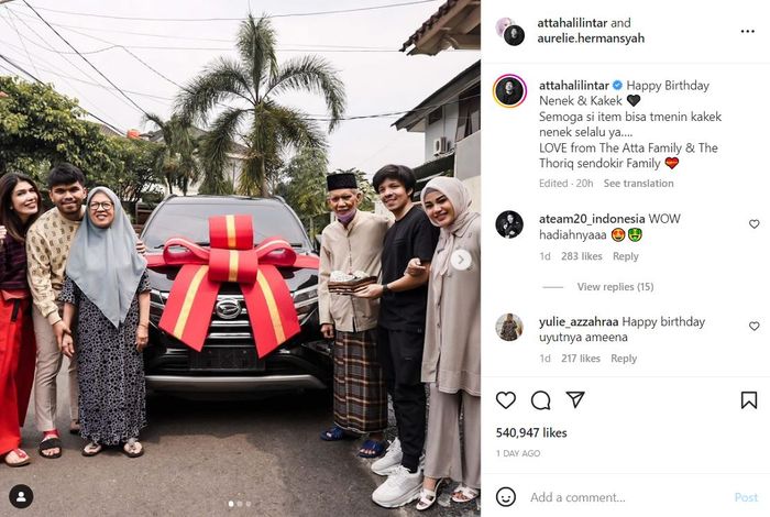 Hadiah ulang tahun dari Atta Halilintar untuk kakek dan neneknya.