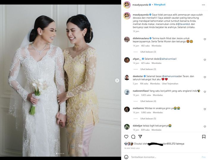 Maudy Ayunda unggah pesan haru untuk adiaknya yang baru saja menikah. 