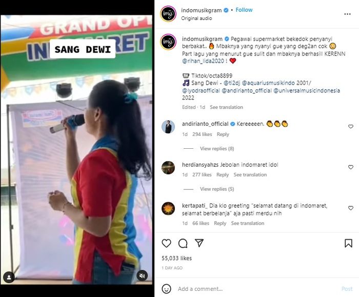 Aksi pegawai Indomaret nyanyikan lagu Sang Dewi. 