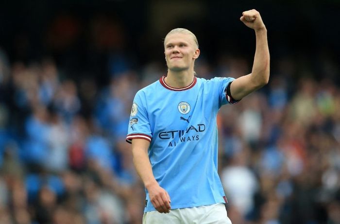 Striker Manchester City, Erling Haaland, dalam laga kontra Manchester United pada Minggu (2/10/2022).