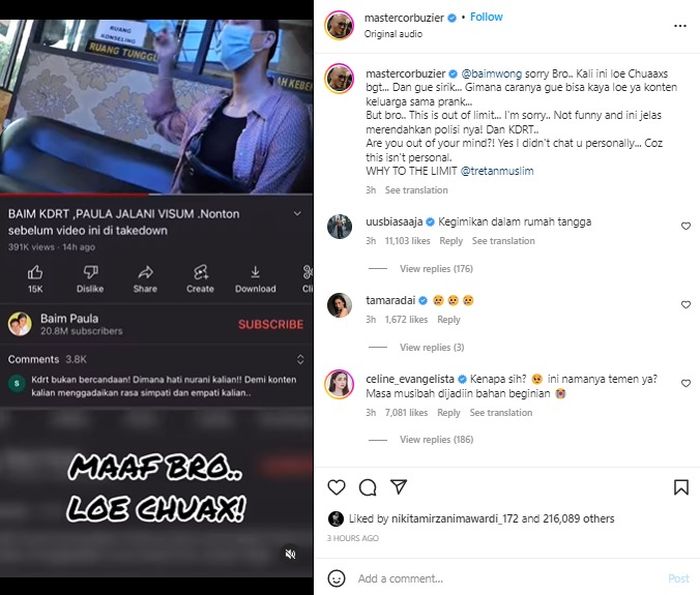 Unggahan Deddy Corbuzier terkait konten prank Baim Wong. 