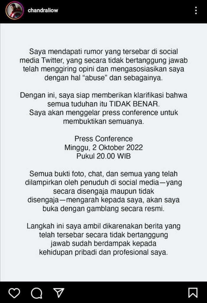 Youtuber Chandra Liow buka suara tentang tuduhan kekerasan terhadap mantan kekasihnya.