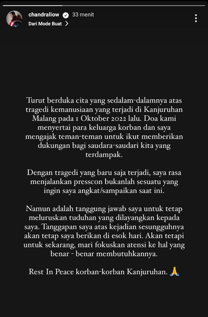 Chandra Liow membatalkan konferensi pers terkait dugaan kekerasan terhadap mantan pacar sebagai bentuk empati pada tragedi Kajuruhan.