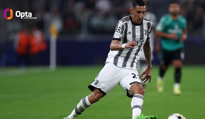 Aksi Angel Di Maria dalam matchday ketiga babak penyisihan Grup H Liga Champions 2022-2023 antara Juventus dan Maccabi Haifa di Stadion Allianz, Rabu (5/10/2022).