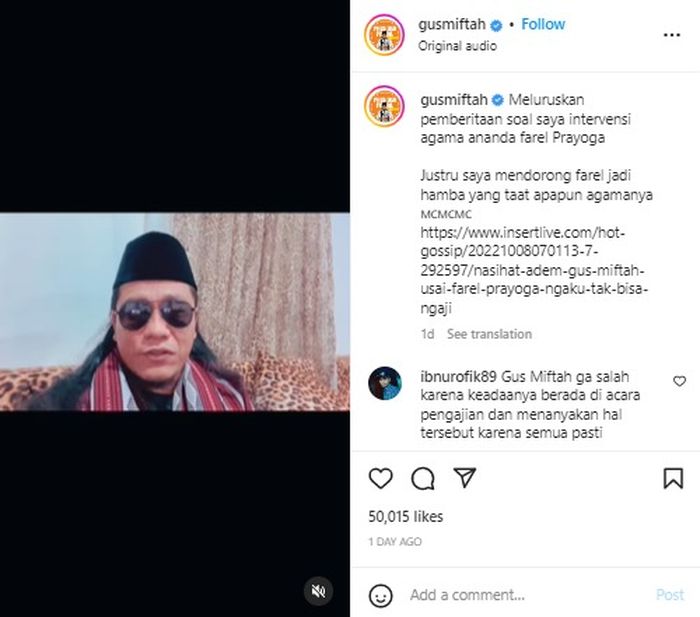 Klarifikasi Gus Miftah terkait tudingan intervensi agama Farel Prayoga.