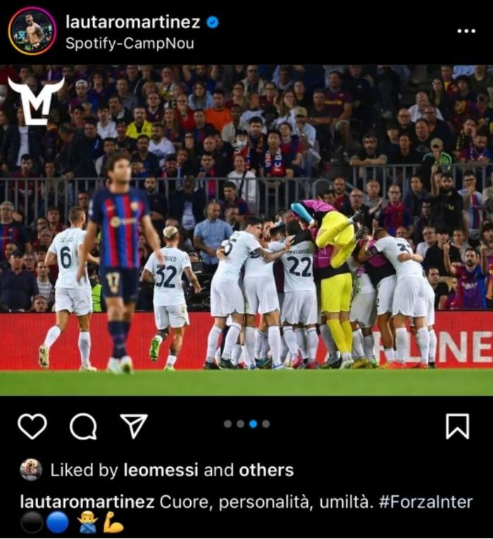 Lionel Messi tampak menyukai unggahan Lautaro Martinez saat Inter Milan berhasil menahan imbang Barcelona dalam matchday 4 babak penyisihan Grup C Liga Champions 2022-2023 di Stadion Camp Nou, Rabu (12/10/2022).