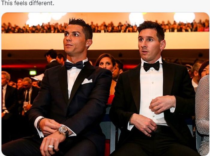 Dua pemain bintang sepak bola, Cristiano Ronaldo (kiri) dan Lionel Messi (kanan).