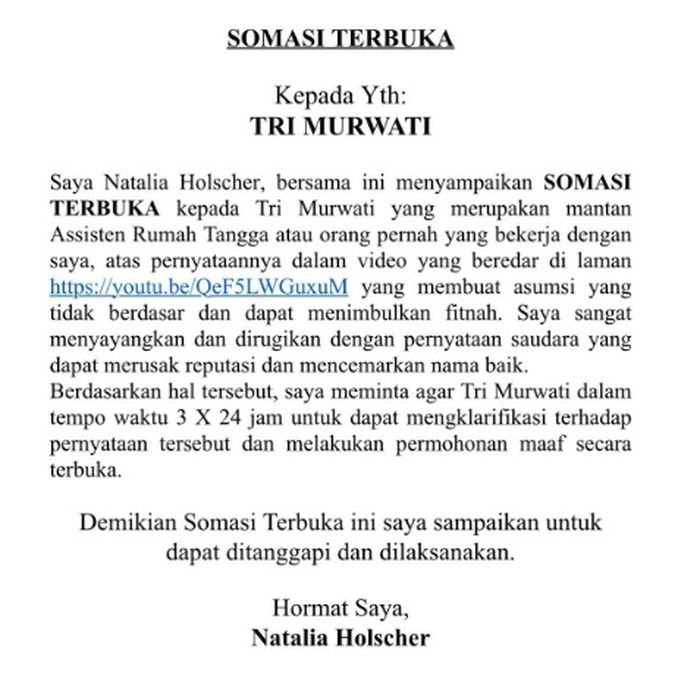Surat somasi Nathalie Holscher pada Tri Murwati.