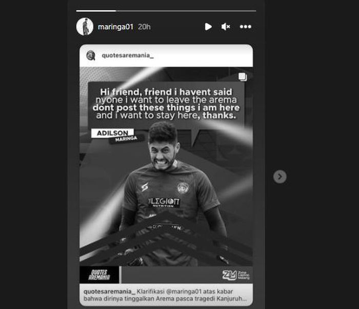  insta story Adilson Maringa yang merepost postingan @quoatesaremania_, pada Senin (24/10/2022) mengklarifikasi soal rumor akan hengkang dari Arema FC pasca-tragedi Kanjuruhan.