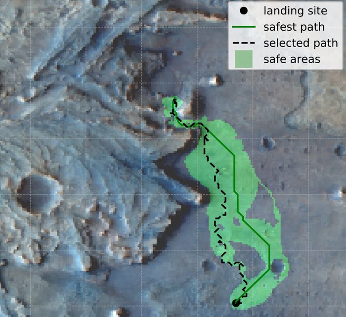 Peta ini menunjukkan kemungkinan rute yang direncanakan dengan pendekatan pemodelan baru untuk menyeimbangkan risiko pengiriman robot otonom ke tempat atau planet baru dengan nilai dari apa yang mungkin ditemukan di sana.
