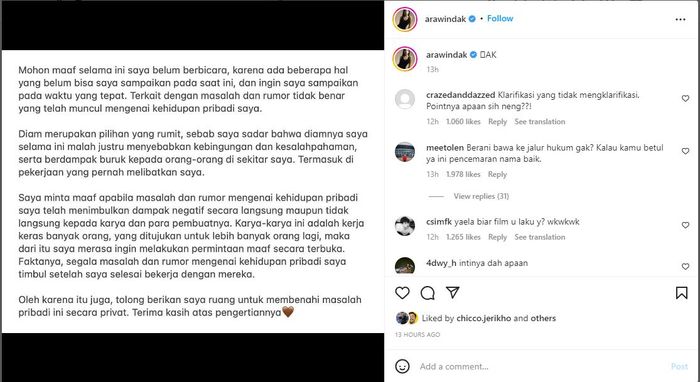 Klarifikasi Arawinda Kirana