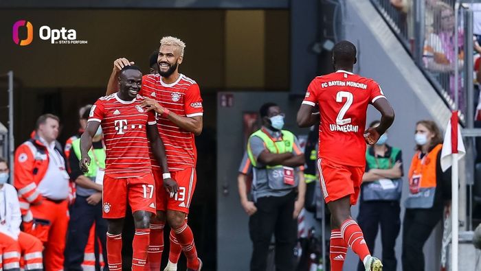 Para pemain Bayern Muenchen merayakan gol yang dicetak Sadio Mane ke gawang FSV Mainz 05 dalam matchday 12 Bundesliga 2022-2023 di Stadion Allianz Arena, Sabtu (29/10/2022).