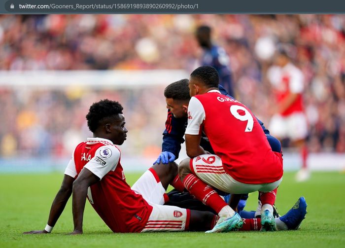 Bukayo Saka mengalami cedera engkel saat Arsenal menghajar telak Nottingham Forest 5-0 pada laga pekan ke-14 Liga Inggris 2022-2023.