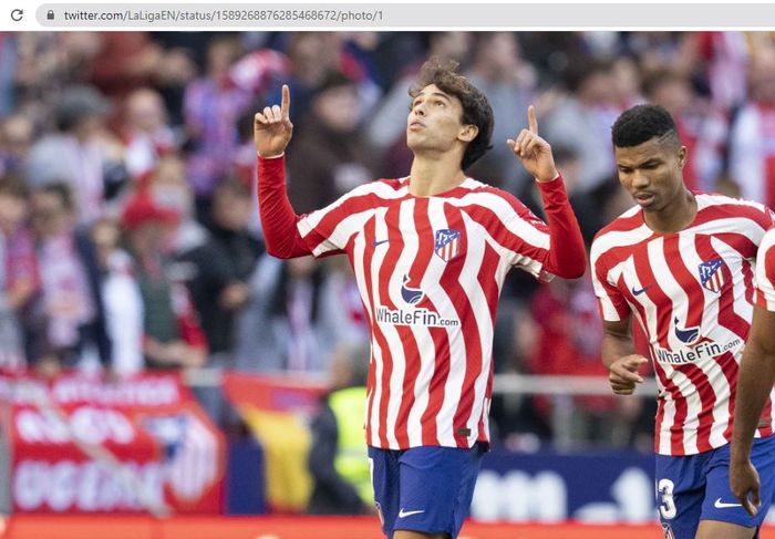 Penyerang Atletico Madrid, Joao Felix, merayakan gol yang dia cetak ke gawang Espanyol dalam jornada 13 Liga Spanyol 2022-2023 di Stadion Wanda Metropolitano, Minggu (6/11/2022).