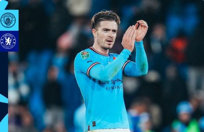 Ekspresi winger Manchester City, Jack Grealish, dalam laga putaran tiga Piala Liga Inggris kontra Chelsea di Stadion Etihad, Rabu (9/11/2022).