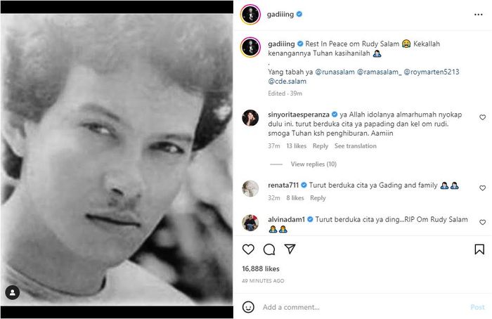 Postingan Gading Marten beri kabar duka aktor Rudy Salam meninggal dunia.